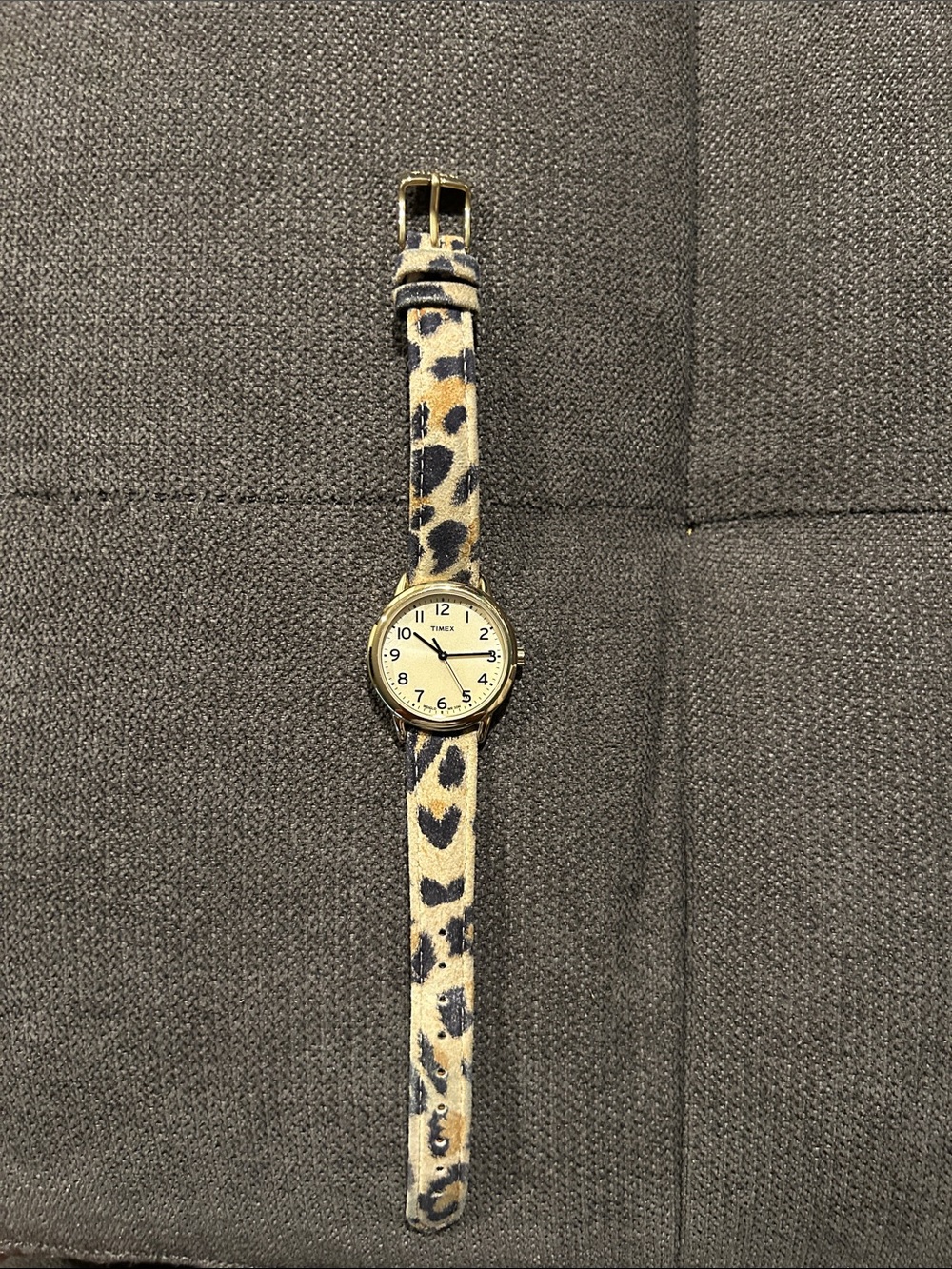Timex Gold-Tone Watch with Beige and Black Leopard Strap